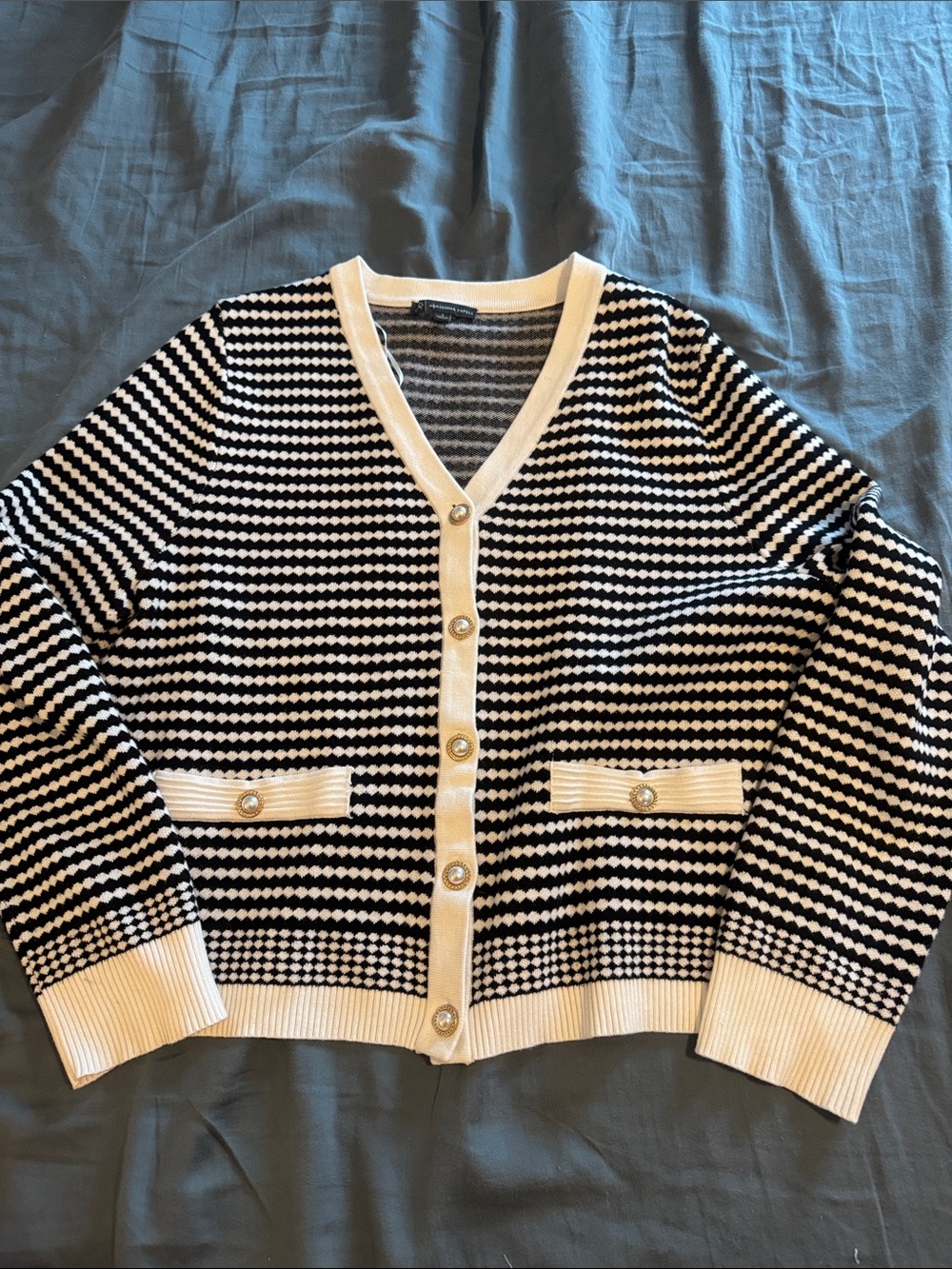 Adrianna Papell Black and White Striped V-Neck Cardigan with Faux Pearl button